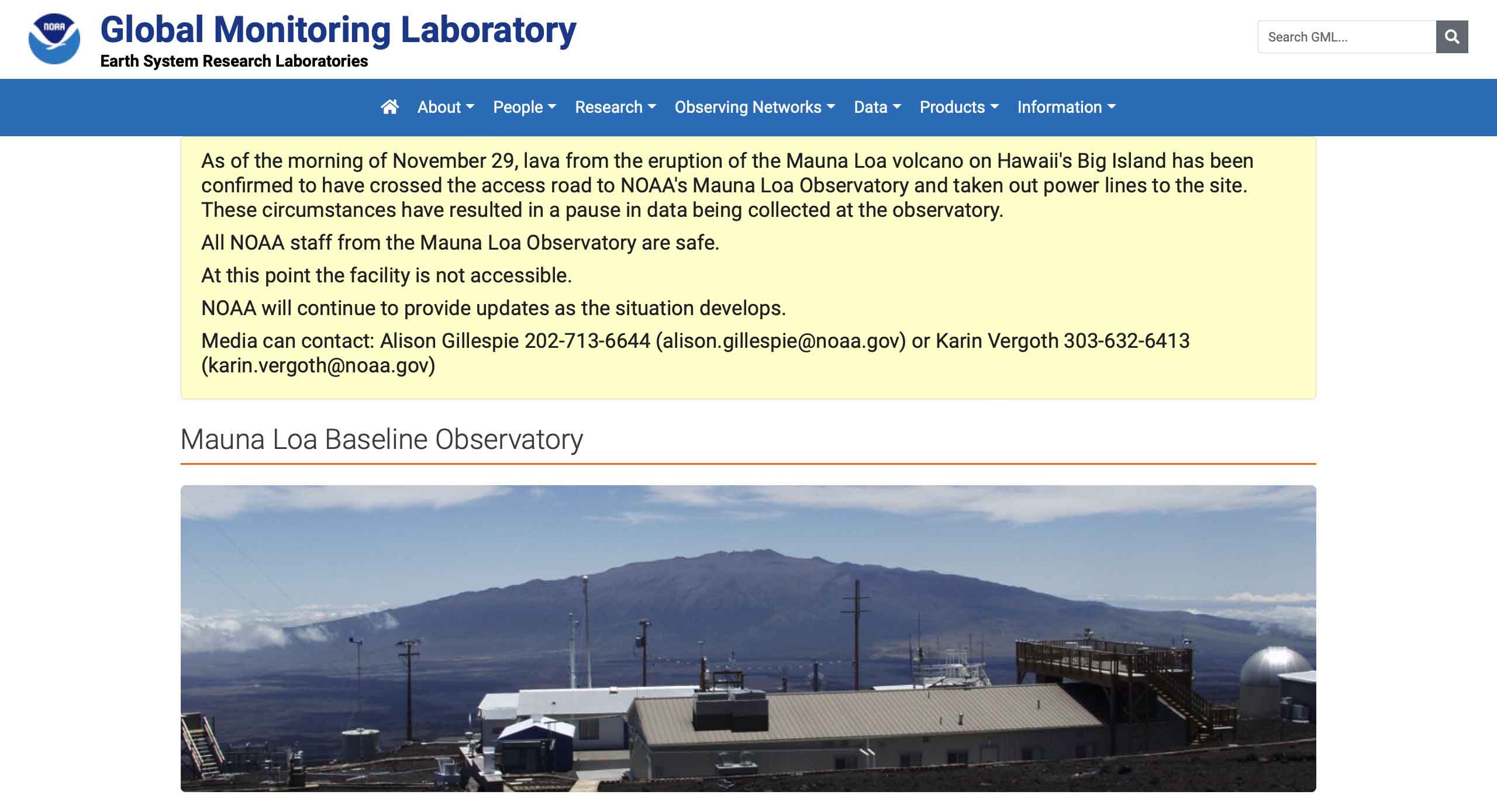 NOAA kennisgeving met betrekking tot 29 november 2022, pauze in gegevensverzameling bij de Mauna Loa Waarnemingscentrum nadat lava stroomkabels doorsneed